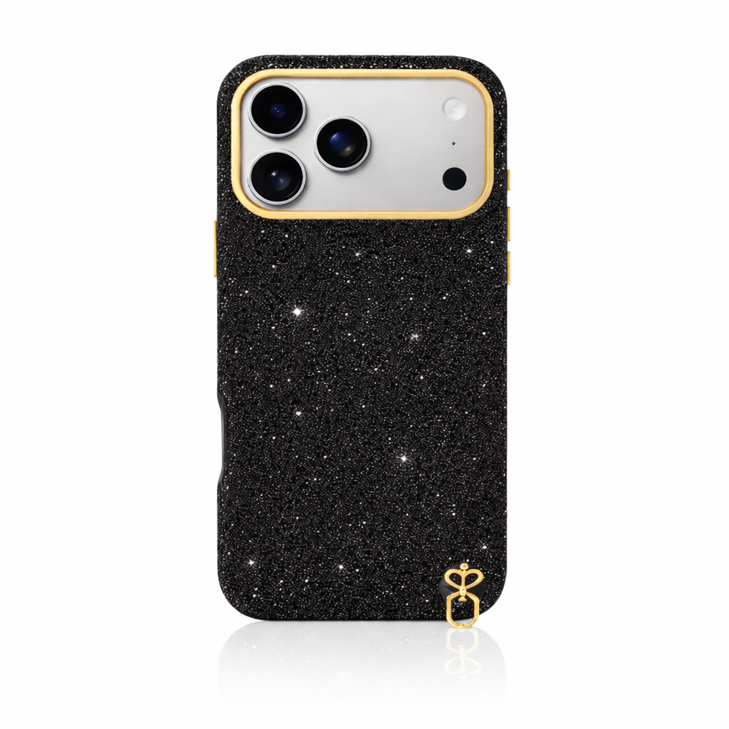 Sparkly Black iPhone Case with Gold Camera Frame