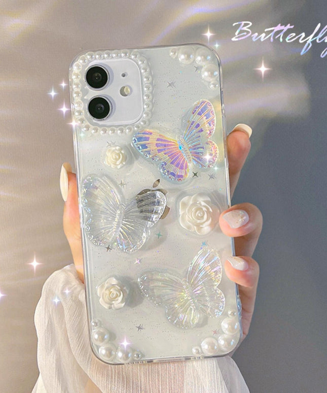3D Abstract Crystal Laser iPhone Case White Butterflies
