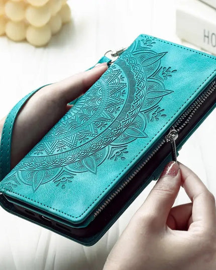 Long Lanyard Flap Faux Leather Phone Case - Zipper Wallet Card Holder Case