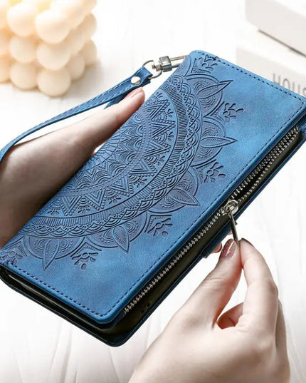 Long Lanyard Flap Faux Leather Phone Case - Zipper Wallet Card Holder Case