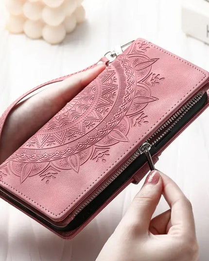 Long Lanyard Flap Faux Leather Phone Case - Zipper Wallet Card Holder Case