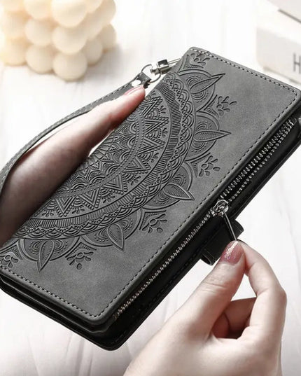 Long Lanyard Flap Faux Leather Phone Case - Zipper Wallet Card Holder Case