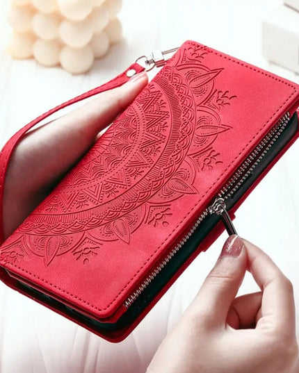 Long Lanyard Flap Faux Leather Phone Case - Zipper Wallet Card Holder Case